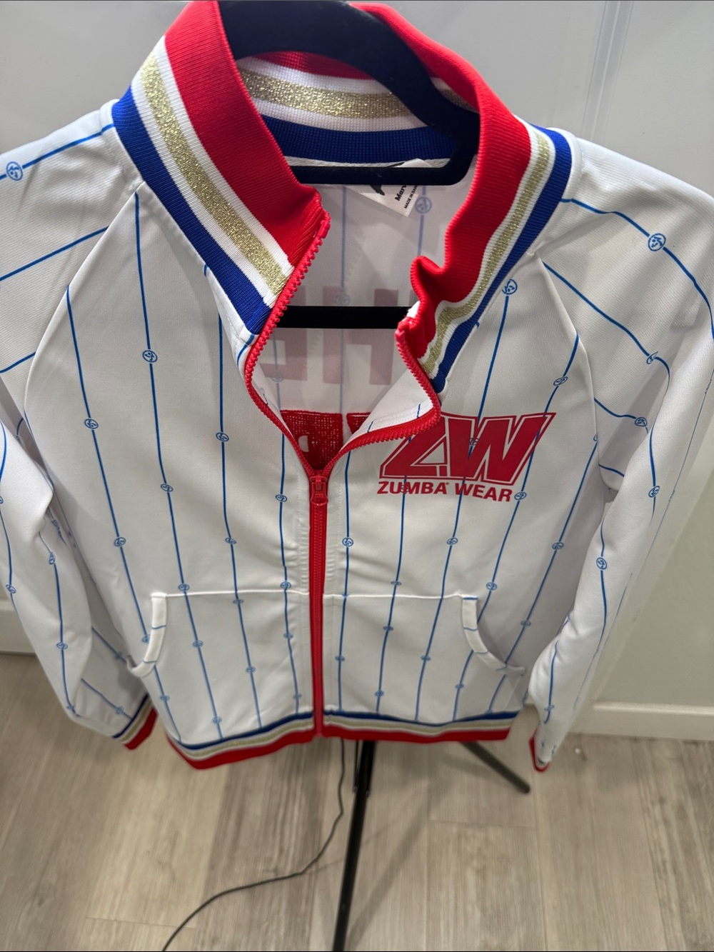 Zumba Fitness White Jacket with Red, Blue & Gold Accents